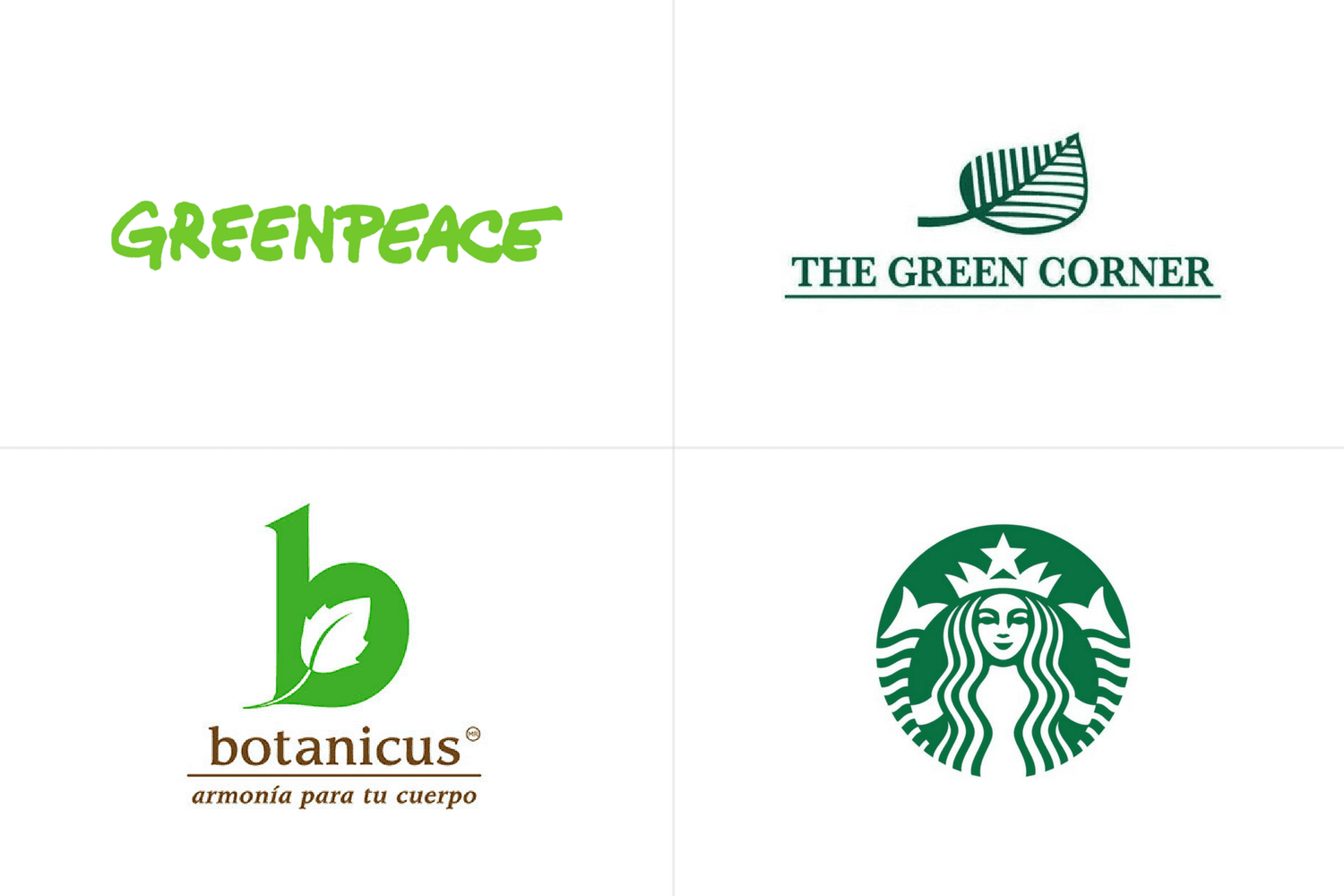 Logos de Greenpeace, The Green Corner, Botanicus y Starbucks