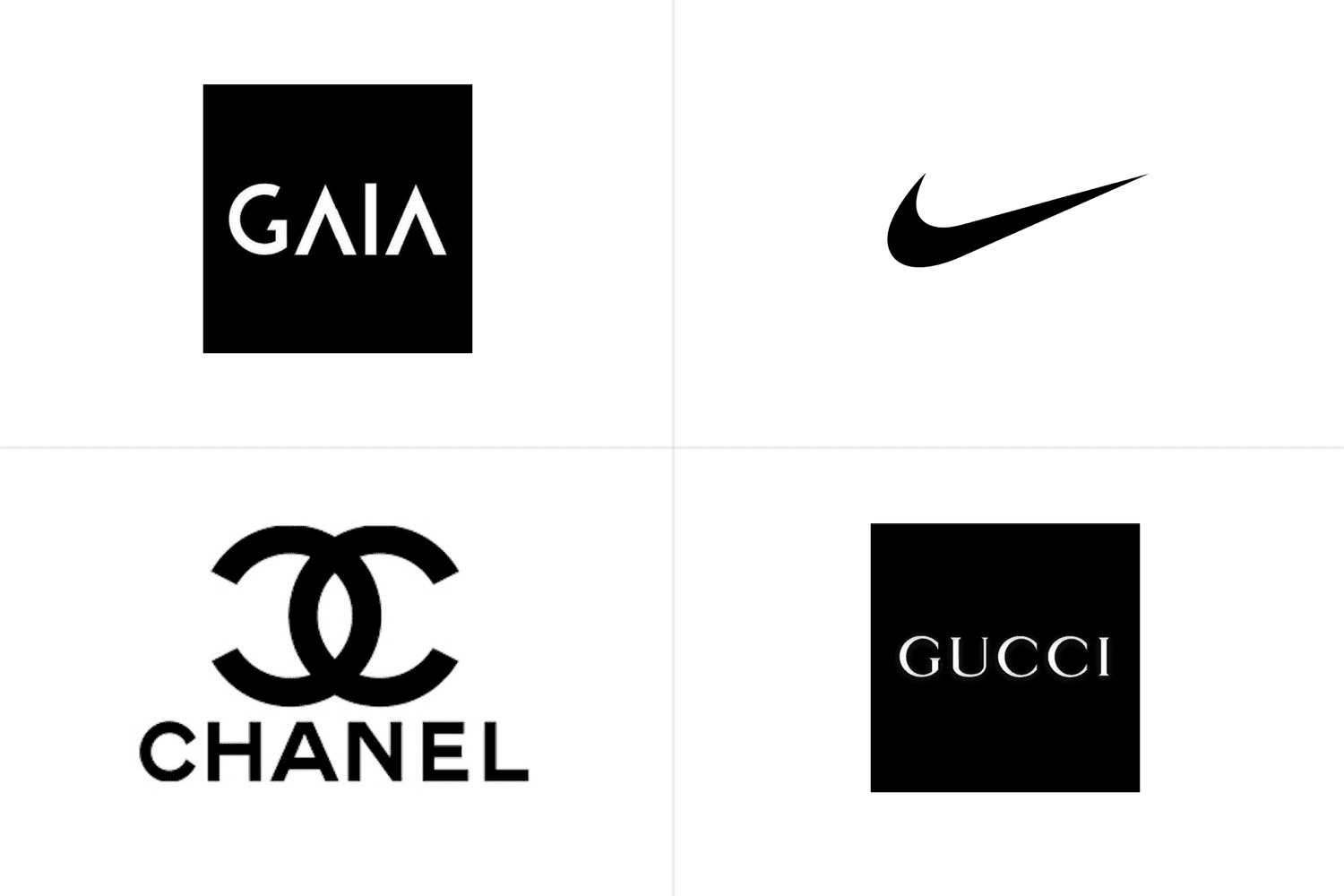 Logos de Gaia, Nike, Chanel y Gucci